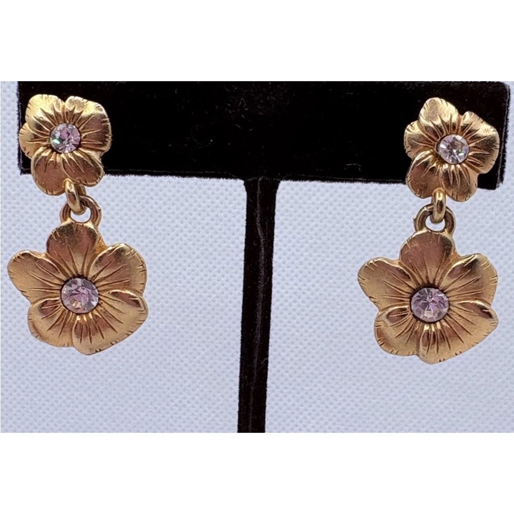 Vintage Double Flower Dangle Earrings Etched Gold Tone Rhinestone 1.5”
